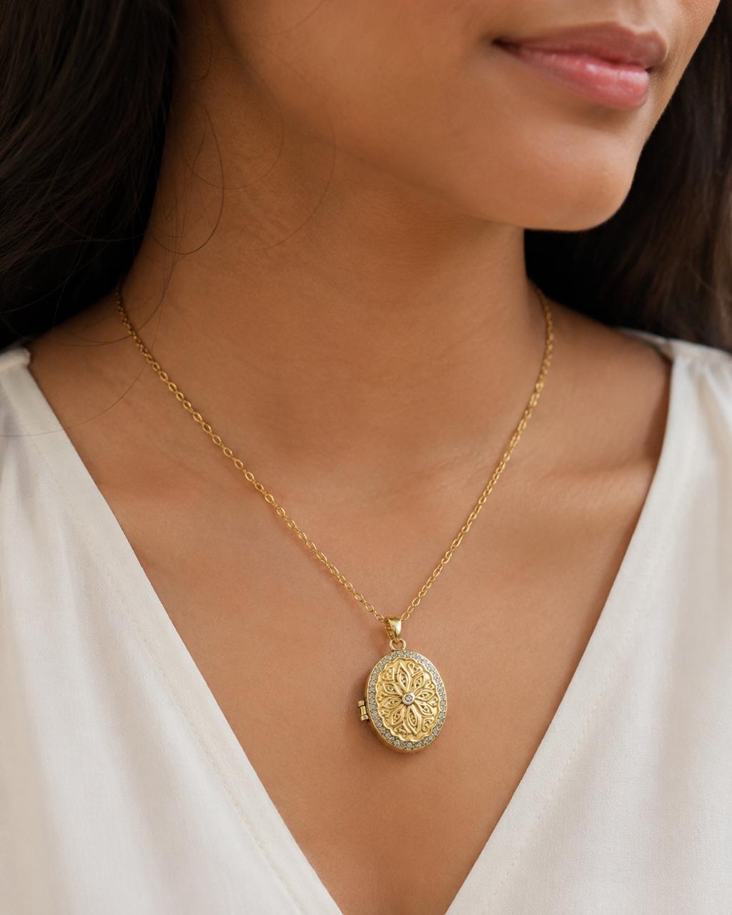 Gold Floral Locket Necklace