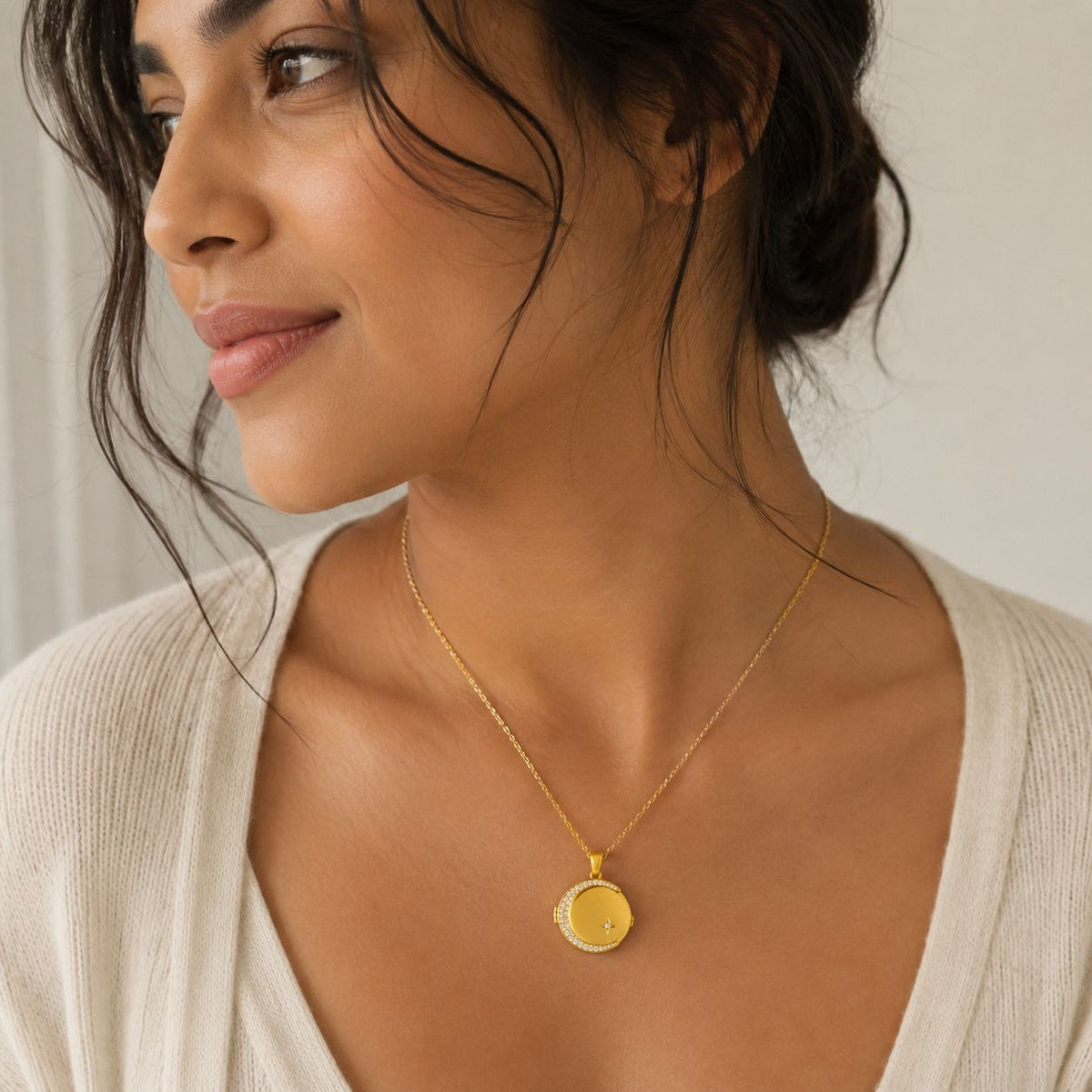 Gold Moon & Star Locket Necklace