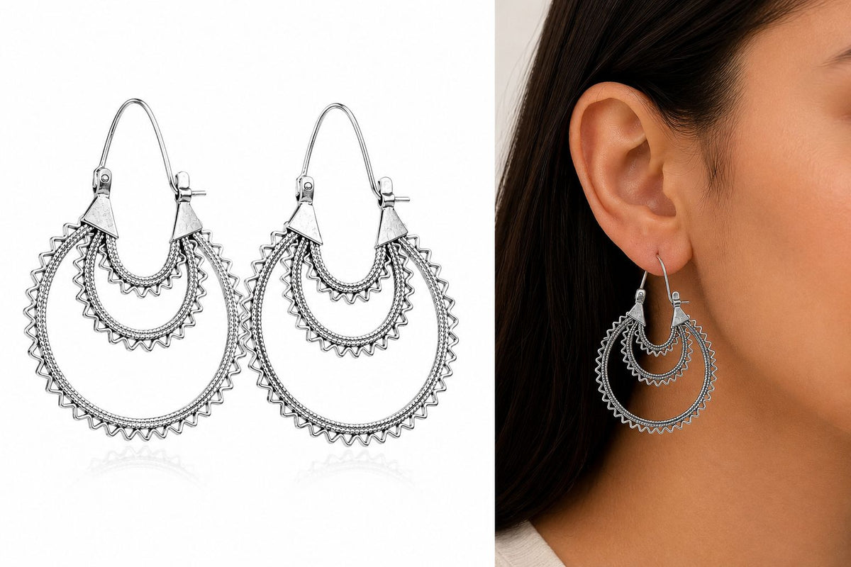 Silver Zigzag Circle Earrings